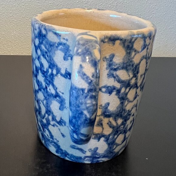 Vtg Roseville, Ohio Pottery R.R.P. Co USA Blue Spongeware Heavy Earthenware Mug - Picture 8 of 13